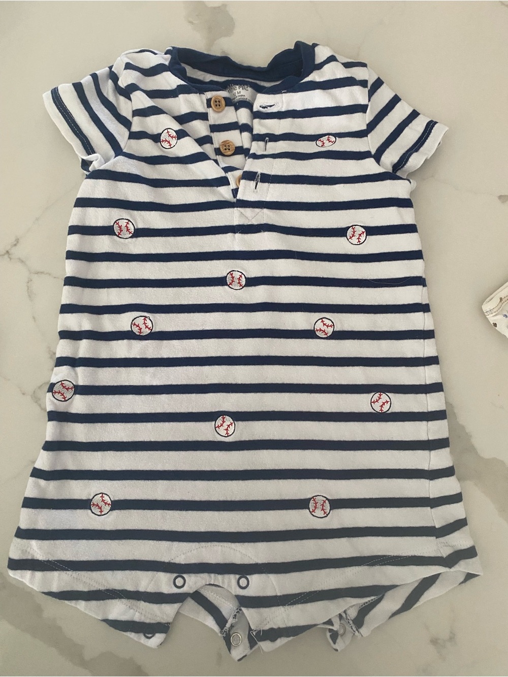Little Me Navy & White Striped Baseball Romper